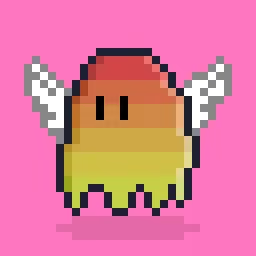A pixelated cartoon character with wings, a rainbow gradient body, and two black eyes on a pink background.