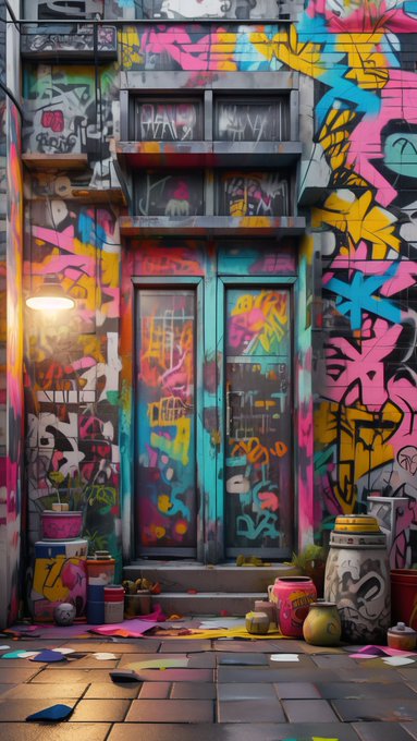 A vibrant, heavily graffitied building facade with pink, yellow, and teal spray paint designs covering the walls around a teal double door, with potted plants and a glowing street lamp.