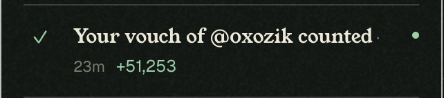 Notification reading 'Your vouch of @oxozik counted' with +51,253 points earned 23 minutes ago.