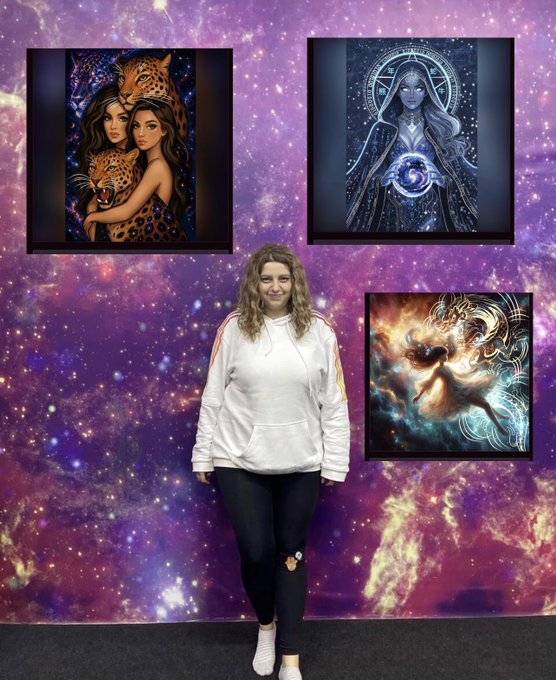 A woman in a white sweatshirt and black pants standing in front of a purple galaxy-themed wall displaying three fantasy art prints featuring mystical female figures and leopards.