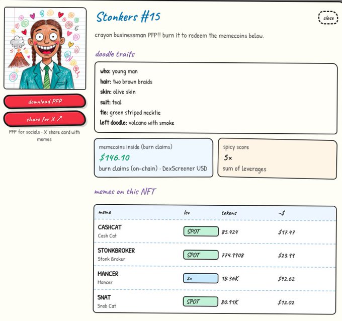 A webpage titled "Stonkers #15" showing a crayon-drawn businessperson NFT, with traits, burn claims worth $146.10, and memes including CASHCAT, STONKBROKER, MANCER, and SNAT with their token values.
