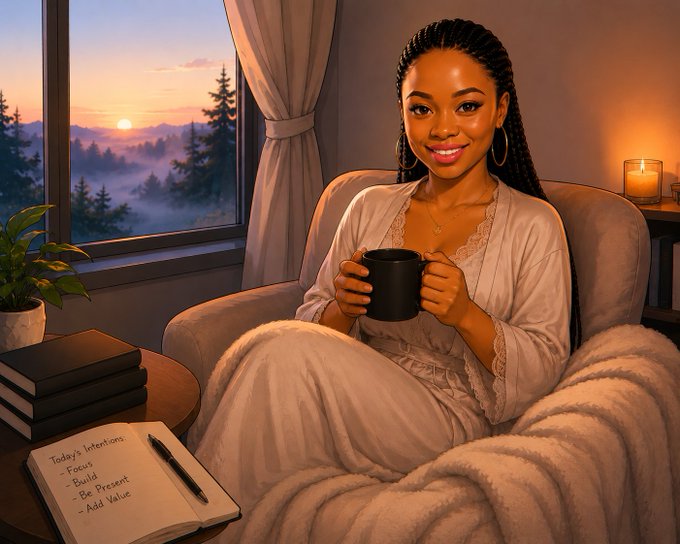 The image features a woman sitting comfortably in an armchair, holding a black coffee mug with her hands while smiling at the camera. She appears to be enjoying her time indoors as she looks out the window, which has curtains covering it. The scene is set against a backdrop of trees outside the window, creating a serene atmosphere.