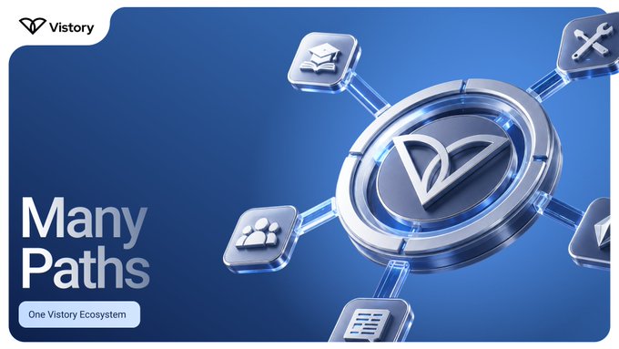 A promotional graphic for Vistory featuring a blue metallic hub with the Vistory logo, surrounded by connected nodes with icons representing education, community, and tools, with the tagline 'Many Paths' and 'One Vistory Ecosystem'.