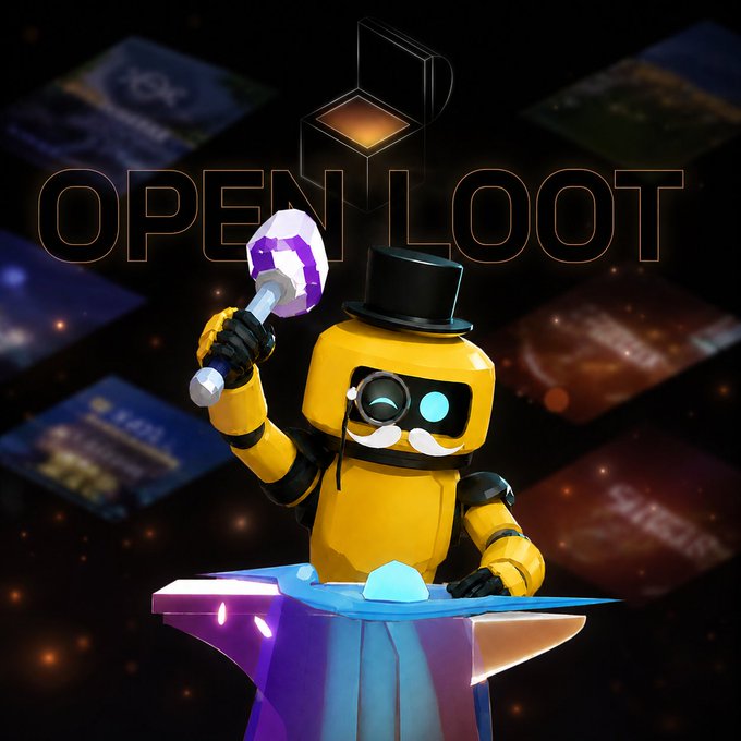 The image features a yellow robotic character with a mustache, monocle, and top hat holding a purple gem hammer, standing on a metallic anvil with the "OPEN LOOT" logo displayed prominently in the background. This visually represents the NFT crafting process mentioned in the post, which highlights the 26,085,653 NFTs crafted across 3,639 archetypes in the Open Loot ecosystem since October 2023.