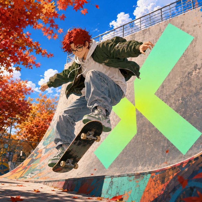 Anime-style artwork depicts a red-haired young man performing a skateboard trick on a ramp, with a bright green chevron logo in the corner.
