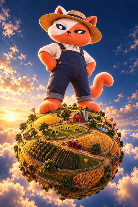 A whimsical 3D illustration shows an anthropomorphic cat wearing a straw hat and denim overalls, standing atop a miniature floating farm globe with barns, fields, and livestock beneath a sunset sky.