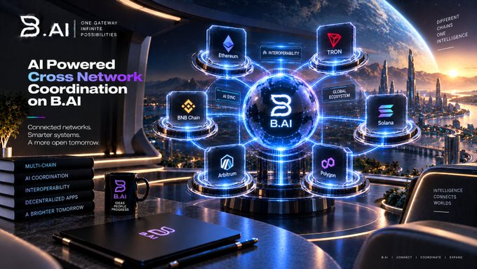 A futuristic promotional banner for 'B.AI' advertising 'AI Powered Cross Network Coordination' connecting multiple blockchains including Ethereum, TRON, BNB Chain, Solana, Arbitrum, and Polygon around a central B.AI hub.