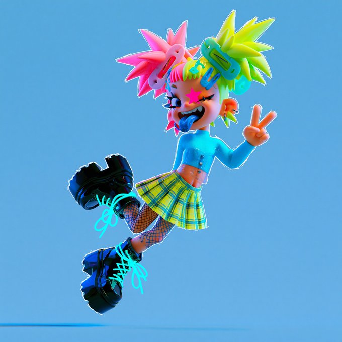 A vibrant 3D-rendered character with spiky pink and yellow hair, wearing a blue crop top, plaid skirt, and chunky boots, makes a peace sign against a solid blue background.