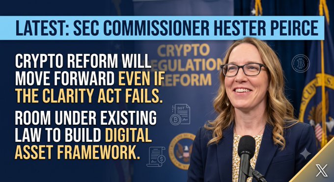 The image shows SEC Commissioner Hester Peirce smiling while speaking at a microphone, with text overlay reading: "LATEST: SEC COMMISSIONER HESTER PEIRCE — CRYPTO REFORM WILL MOVE FORWARD EVEN IF THE CLARITY ACT FAILS. ROOM UNDER EXISTING LAW TO BUILD DIGITAL ASSET FRAMEWORK."

The image visually supports the post by featuring Peirce as she discusses her view that digital asset regulation can progress through existing SEC authority regardless of congressional legislation, reinforcing the post's framing that U.S. crypto policy will advance even without the CLARITY Act passing.