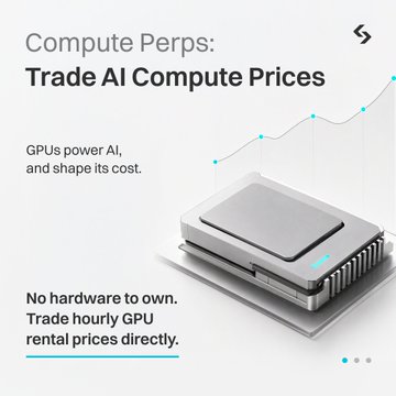 An advertisement for 'Compute Perps: Trade AI Compute Prices' featuring a silver processor/GPU image and text about trading hourly GPU rental prices directly.