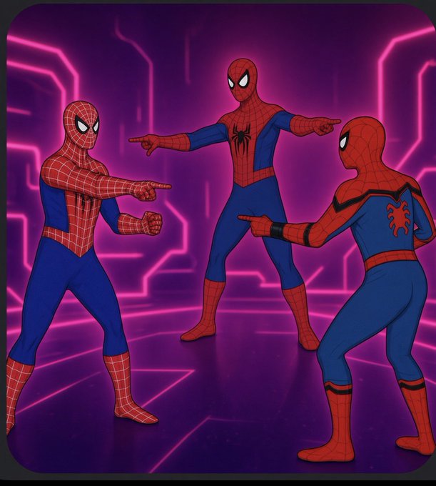 Three animated Spider-Man figures in different suit variations (classic webbed, black spider logo, and back view) stand in a circle pointing at each other against a neon pink and purple futuristic background.