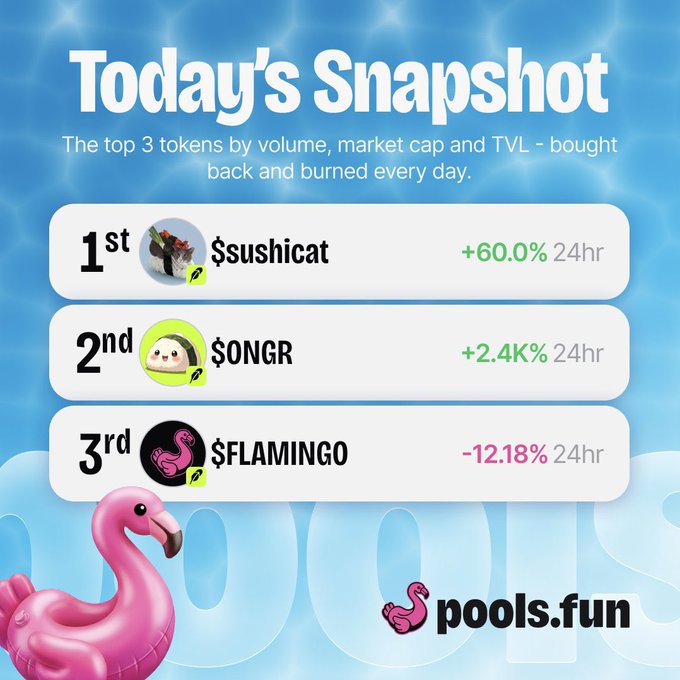 A 'Today's Snapshot' graphic from pools.fun showing the top 3 tokens: $sushicat (+60.0%), $ONGR (+2.4K%), and $FLAMINGO (-12.18%) over 24hr, with a flamingo pool float at the bottom.