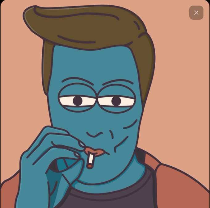 A cartoon illustration of a blue-skinned man with brown hair smoking a cigarette against a peach background.