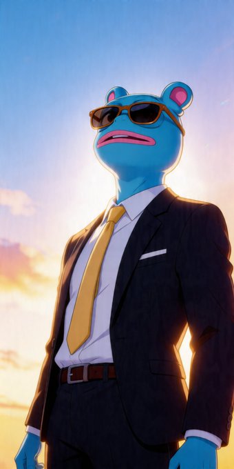 urn of gold and blue liquid, with a blue frog wearing sunglasses and a yellow tie, standing against a clear sky.