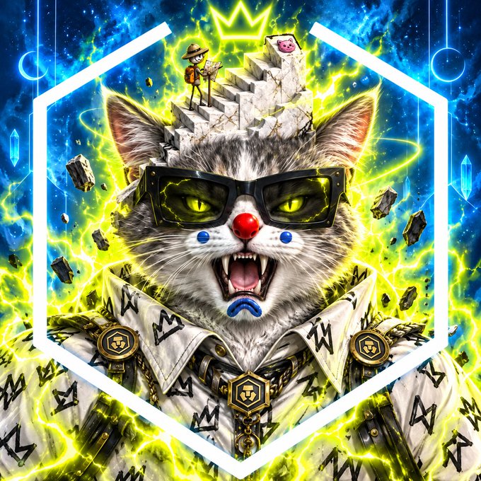 A vibrant digital illustration of an angry cat wearing sunglasses and a patterned jacket, framed in a hexagonal border with neon green energy effects, featuring small figures climbing stairs on its head and a pig character.