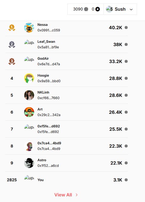 A leaderboard screenshot showing ranked users (Nessa, Leaf_Swan, GodAir, Hoogie, NKLinh, etc.) with point totals ranging from 40.2K down to 3.1K, and a "S Sush" wallet account at the top.