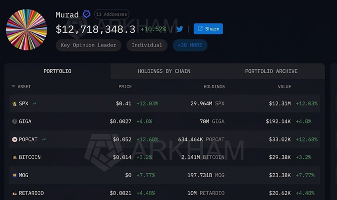 A portfolio dashboard for 'Murad' showing $12,718,348.3 (+10.52%) with holdings including SPX ($12.31M), GIGA, POPCAT, BITCOIN, MOG, and RETARDIO tokens.
