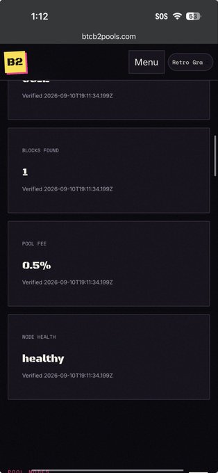 A mobile screenshot of btcb2pools.com shows "BLOCKS FOUND 1" along with a pool fee of 0.5% and "NODE HEALTH healthy," confirming the post's celebration of finding the first BTCB block on the mining pool.
