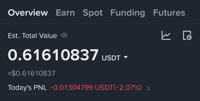 A cryptocurrency exchange dashboard showing an Estimated Total Value of 0.61610837 USDT, with Today's PNL of -0.01304799 USDT (-2.07%), and tabs for Overview, Earn, Spot, Funding, and Futures.