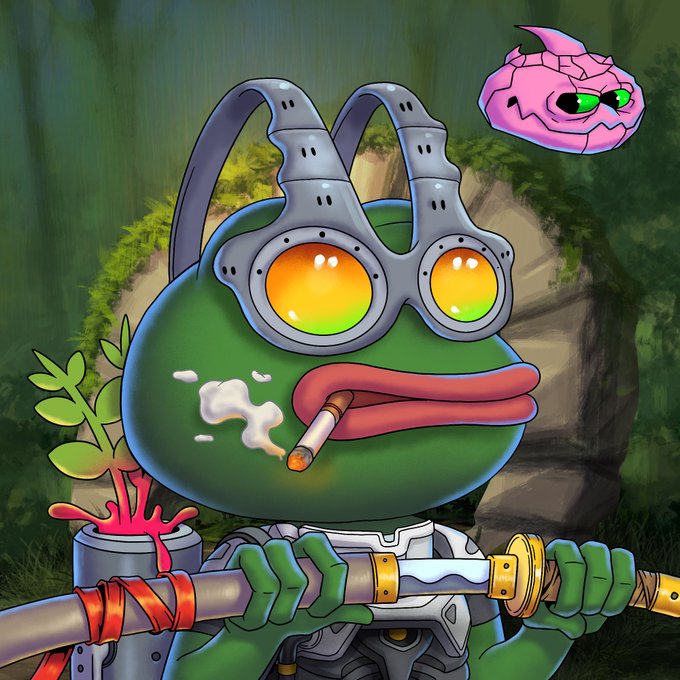 A digital illustration of a green frog-like character wearing mechanical goggles, smoking a cigarette, holding a sword, with a pink creature floating nearby.