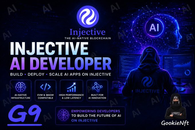 The image features a poster for an AI developer course called "Injective AI Developer" by Brendan Graetz, which is about building and deploying AI applications using injective technology. The poster includes a photo of a person wearing a hoodie with their face displayed on a monitor, suggesting that the course might involve developing AI systems to analyze facial expressions or emotions. The poster also contains text providing information about the course, such as its duration (6 days) and the key tools and infra required for successful completion.