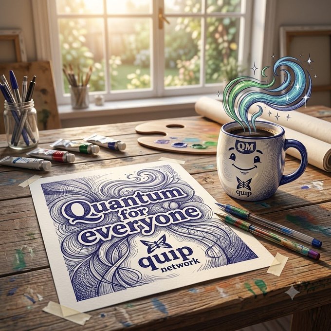 A hand-drawn "Quantum for everyone — quip network" illustration sits on an artist's desk alongside a smiling "QM" mug emitting stylized steam, with paintbrushes and a wooden palette completing the creative scene—visually capturing the post's message of Quip Network making quantum technology accessible and tangible through their active testnet and post-quantum security solutions.