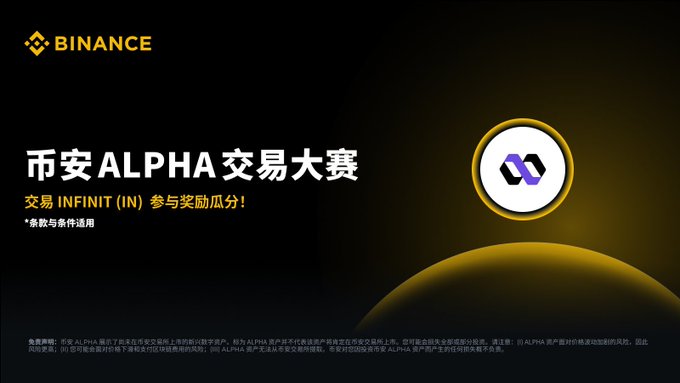 The image is a Binance promotional banner announcing the "Binance ALPHA Trading Competition" for INFINIT (IN), featuring the Binance logo, an IN token emblem, and notes that terms and conditions apply, with fine print detailing rewards and eligibility in Chinese. It corresponds to the post's announcement of the #Binance Alpha IN trading competition and shared $200,000 reward pool.