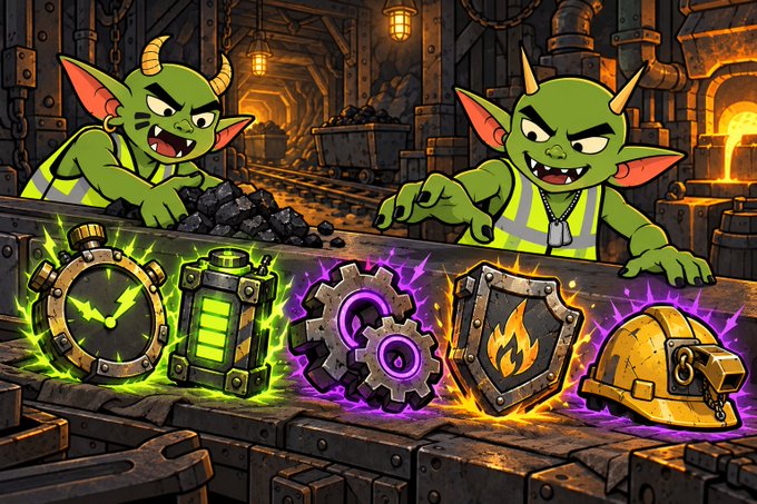 A cartoon-style illustration of two green goblin characters working in a mine, with icons at the bottom depicting a clock, battery, gears, shield, and a mining helmet.