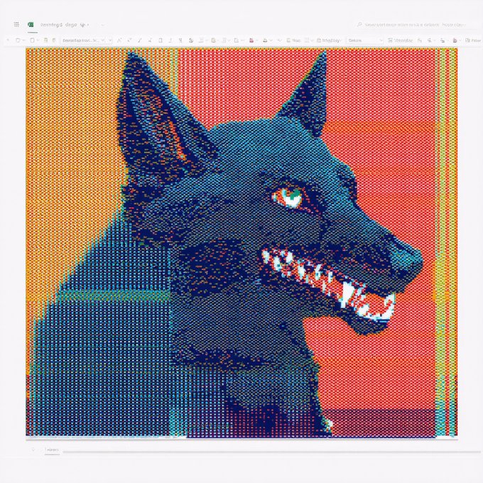 A digital spreadsheet interface displaying a pixel-art style portrait of a black dog with bared teeth against a red and orange background.