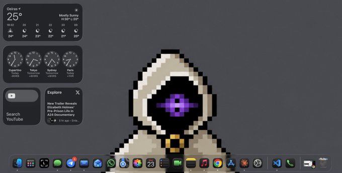 A desktop screenshot with weather widgets for Ostravá at 25°, city time zones, a YouTube widget, and a central pixel-art hooded figure with a purple eye, set against a dark background.