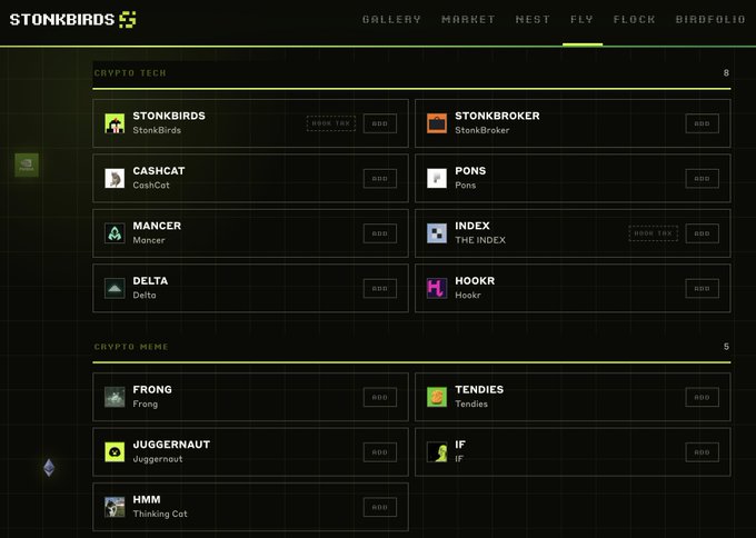 A screenshot of the StonkBirds website showing sections for 'CRYPTO TECH' and 'CRYPTO MEME' with various NFT items including STONKBIRDS, CASHCAT, MANCER, DELTA, PONS, INDEX, HOOKR, FRONG, TENDIES, JUGGERNAUT, IF, and HMM (Thinking Cat).