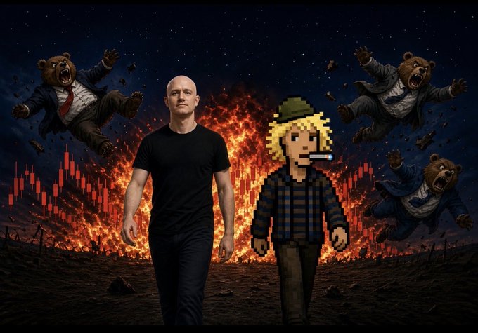 A bald man in a black t-shirt stands beside a pixel-art character with blonde hair and a green hat, with angry bears in suits flying in front of an explosion.