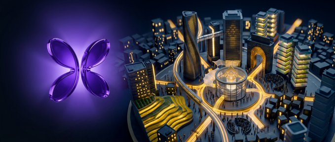 A 3D illustration showing a glowing purple XRP logo hovering over a stylized cityscape at night.