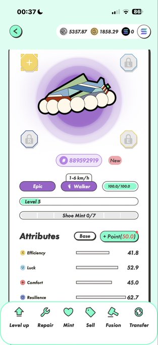 Mobile app showing an Epic Walker shoe NFT at Level 5 with attributes including Efficiency 41.8, Luck 52.9, Comfort 45.0, and Resilience 62.7.