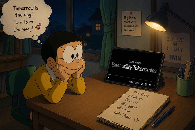 A cartoon-style character eagerly watches a video titled "1win Token - Best utility Tokenomics" while a "TO DO" checklist includes "Learn," "Support," and "Grow 1win Token," visually reinforcing the post's emphasis on utility and real ecosystem value as the foundation for the token's upcoming launch. A "BELIEVE IN UTILITY 1WIN" poster in the background underscores the project's utility-driven mission.