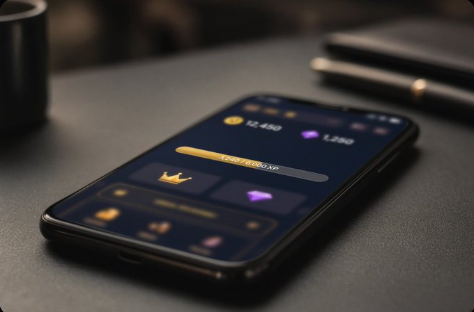 A black smartphone lying on a dark desk displays an app interface with a gold progress bar showing "12,450" and "3,248/8,000 XP" alongside a purple gem icon and crown symbol.
