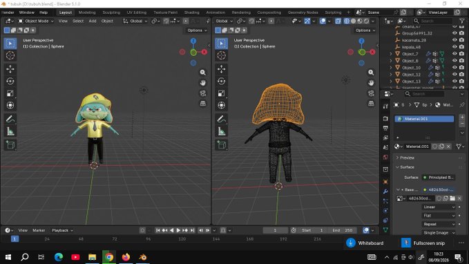 A Blender 3D software interface showing a cartoon character model being edited, with wireframe and textured views visible.
