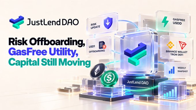 A promotional graphic for JustLendDAO with the headline 'Risk Offboarding, GasFree Utility, Capital Still Moving,' showing icons for Risk Update, USDD Offboarding, Binance Wallet TRON DeFi, and Weekly Snapshot.