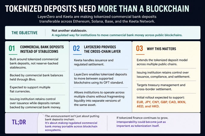 An infographic titled "TOKENIZED DEPOSITS NEED MORE THAN A BLOCKCHAIN" outlines LayerZero and Keeta's partnership to enable tokenized commercial bank deposits across Ethereum, Solana, Base, and Keeta Network, emphasizing regulated bank money movement rather than stablecoin alternatives, with supported currencies including EUR, JPY, CNY, GBP, CAD, MXN, AED, and HKD.