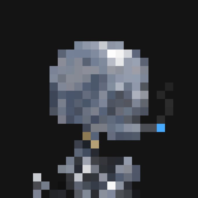 A highly pixelated gray character sprite against a black background, holding a device with a bright blue accent.