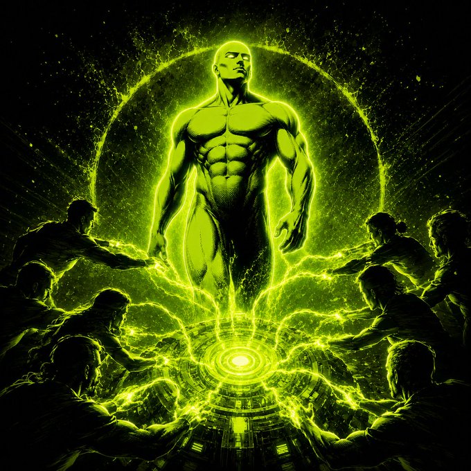 A glowing green digital artwork of a muscular bald man surrounded by a radiant halo, with smaller figures around him channeling energy into a glowing circular platform below.