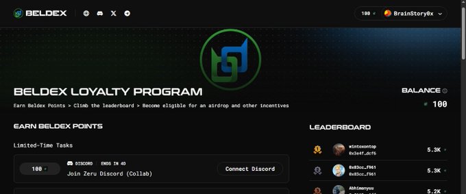 A screenshot of the 'BELDEX LOYALTY PROGRAM' website showing a balance of 100, a task to 'Join Zeru Discord (Collab)' for 100 points, and a leaderboard featuring users like 'wintancstop' and 'BxBsc_f061'.