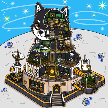 A cartoon-style illustration of a cat-shaped lunar or space base with multiple levels, antennas, and small cat figures inside, set against a starry sky.