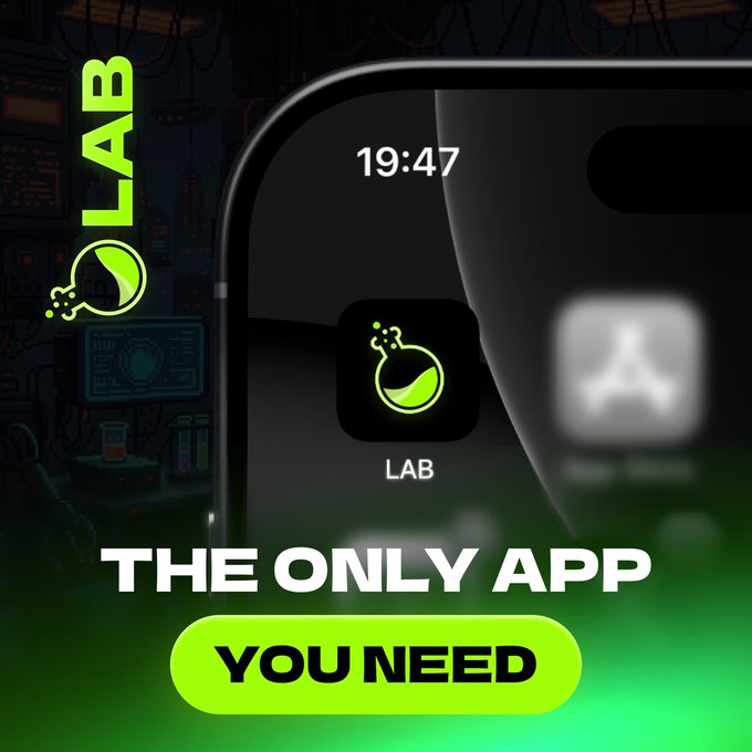 A smartphone screen displays the "LAB" app icon alongside the time "19:47," with bold green and white text reading "THE ONLY APP YOU NEED" promoting LAB as a comprehensive crypto management solution. The image visually reinforces the post's message by suggesting that LAB consolidates buying, trading, staking, and portfolio tracking into a single, indispensable app.