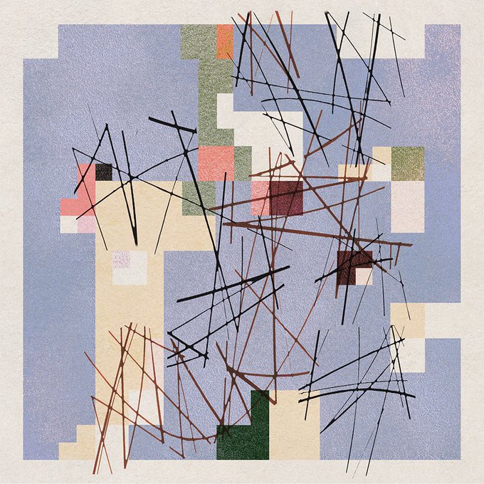 An abstract geometric artwork composed of pixelated blocks in muted purple, green, beige, and red tones, overlaid with chaotic intersecting black and brown scratch-like lines on a textured background.