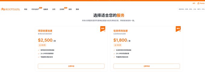 A RootData website page in Chinese showing two service tiers for project acceleration priced at $2,500 and $1,800.