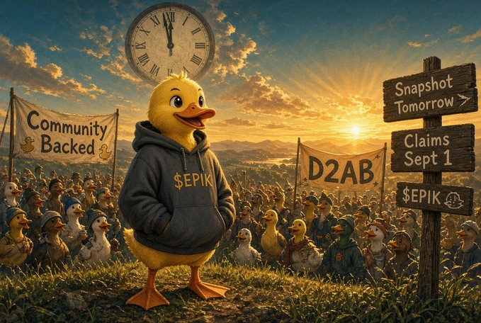 A duck wearing a hoodie labeled '$EPIK' stands in a field at sunset surrounded by a duck crowd and banners reading 'Community Backed' and 'D2AB', with a signpost pointing to 'Snapshot Tomorrow', 'Claims Sept 1', and '$EPIK'.