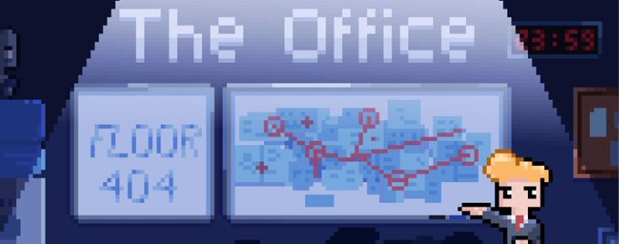 A pixel art scene showing a character standing outside 'The Office' on 'FLOOR 404,' with a map and a timer reading '03:59.'