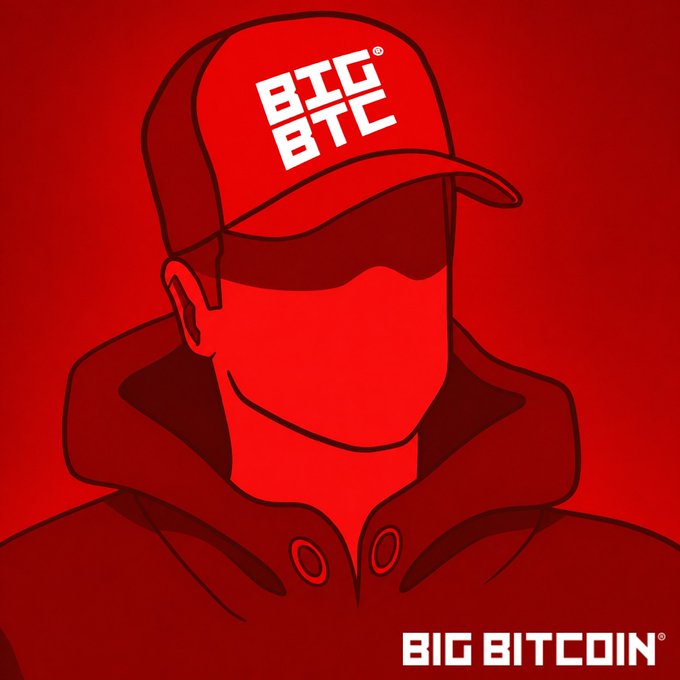 A stylized red-toned illustration shows a figure wearing a "BIG BTC®" cap and hoodie, with "BIG BITCOIN®" branding displayed in the bottom right corner, matching the post's promotional message about $BTC® as "the best money."