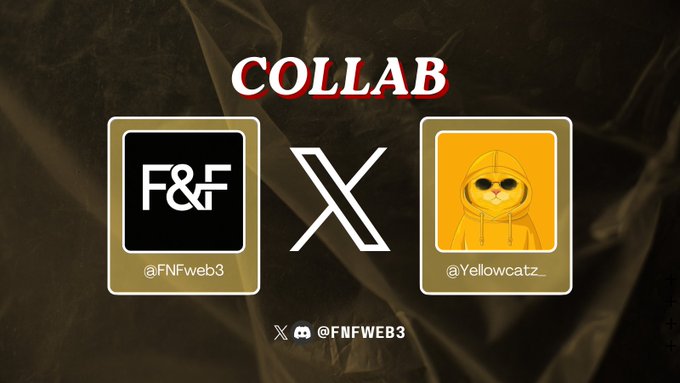 The image features a poster for a collaboration between two companies - F&F &G and Yellowcatz. The poster has a black background with white text, and there are two squares side by side against this backdrop. One square displays the company name "FNF" in white letters, while the other square shows the company name "Yellowcatz" in yellow letters. Both squares also contain social media handles - "@FNFWEB" for F&F &G and "@Yellowcatz_YellowCatz" for Yellowcatz. The poster is designed to promote a collaboration between these two companies, possibly related to meme culture or Web3 technology.